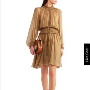 CHLOE KHAKI BROWN SMOCKED SILK CREPON DRESS FR 36 US4